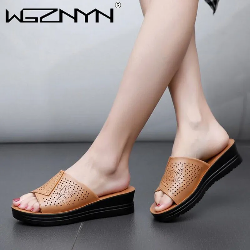 

Сандалии женские кожаные без застежки, пляжные тапочки на пробковой танкетке, обувь на платформе, лето, 2022