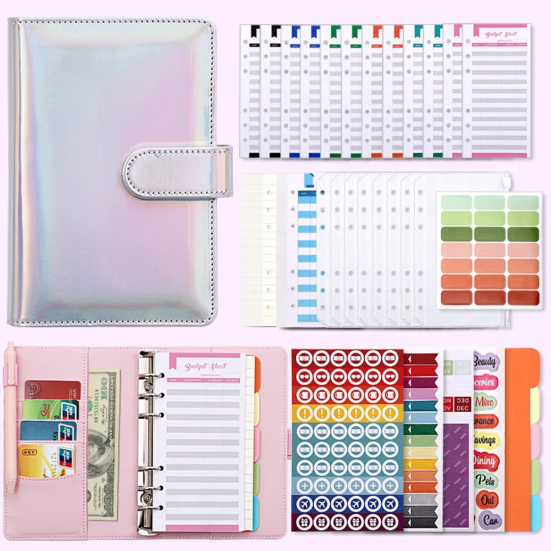 

Laser Macaron A6 Loose-Leaf Leather DIY Binder Notebook Cover Diary Agenda Planner Paper Cover Zipper Money Saving Envelope