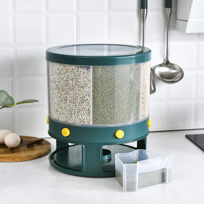 

360° Rotate Divided Rice and Cereal Dispenser 6 Moisture Proof Automatic Racks Sealed Food Storage Box Rice Storage Container