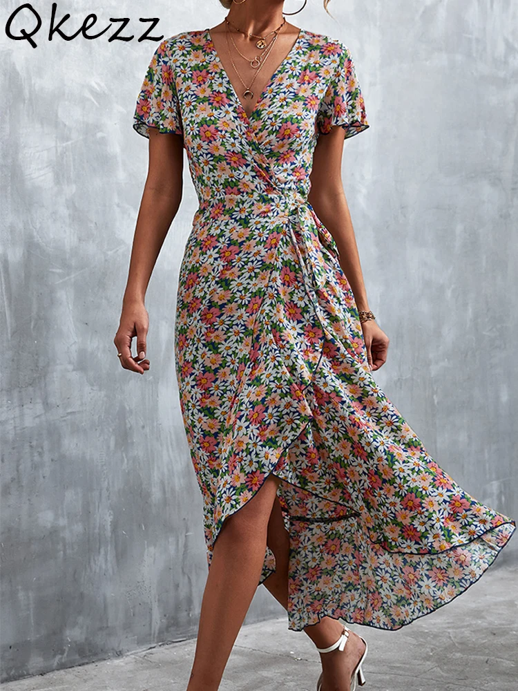 

Qkezz Floral Boho Maxi Dress Women Wrap V Neck Ruffle Elegant Chic Short Sleeve Belted A-Line Bohemian Long Sexy Flowy Dresses