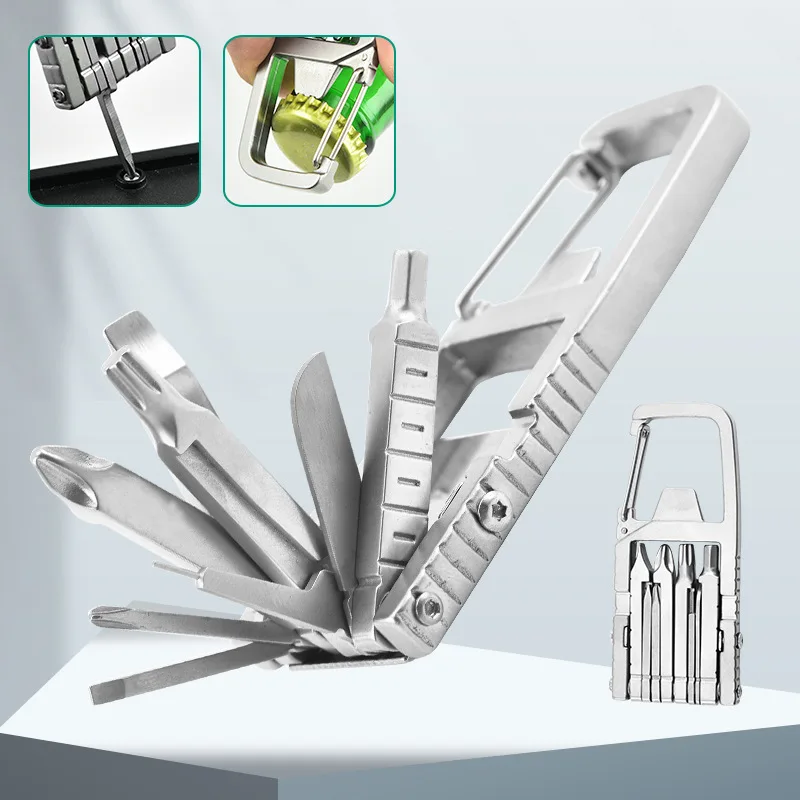

Multi-function with batch gadgets Stainless steel combination tool Mobile phone stand folding outdoor bottle opener