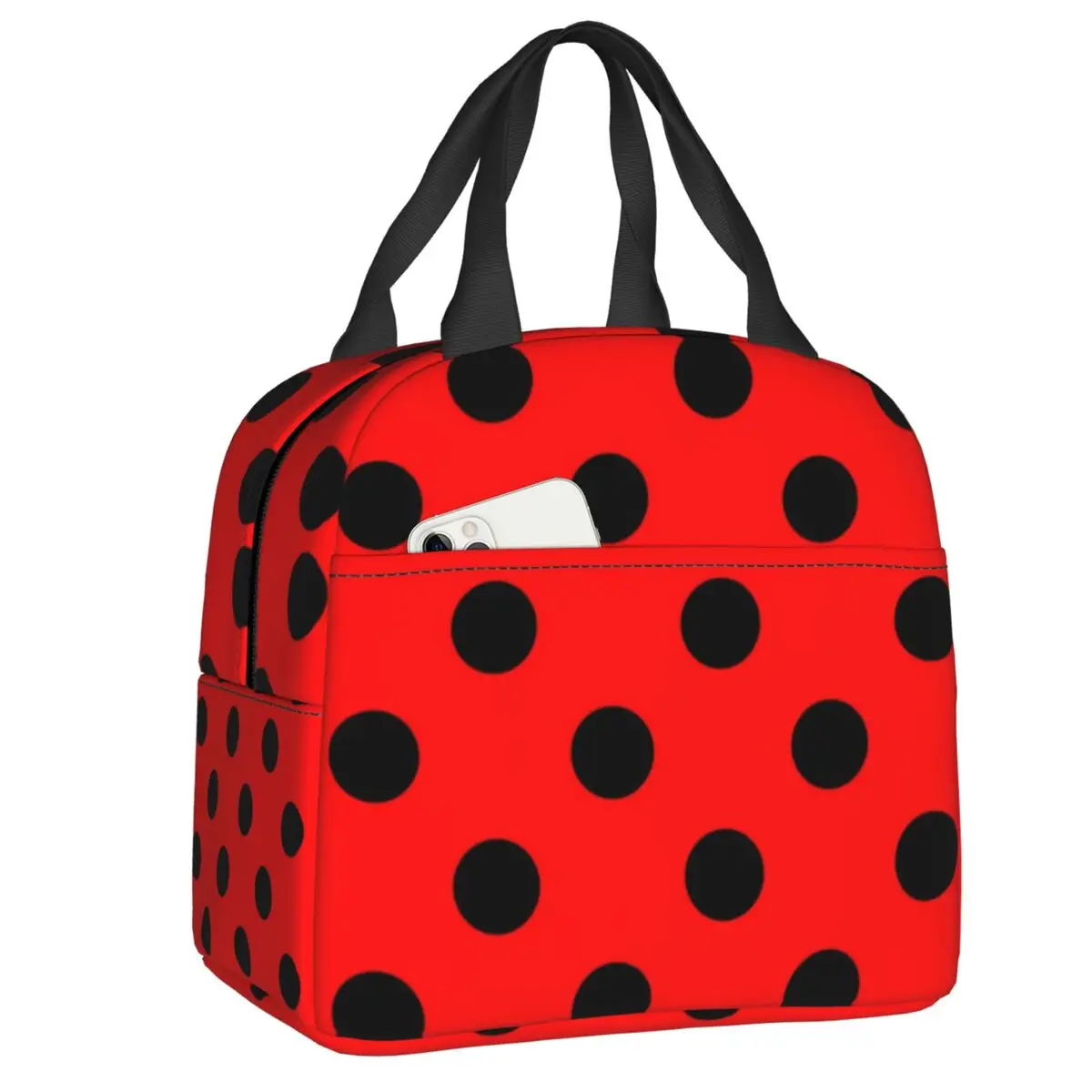 Red And Black Polka Dots Thermal Insulated Lunch Bag Ladybugs Pattern Portable Lunch Tote for Kids School Multifunction Food Box