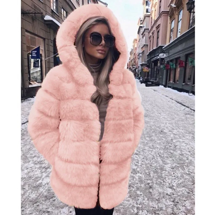 Women's Leather Fur Coat Mid-Length Autumn and Winter Hooded Imitation Fur Coat Top Women's Plush Warm Jacket Faux Fur Coat