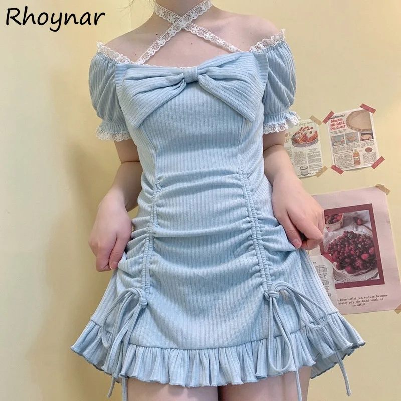 

Shirring Dresses Women Short Sleeve Vestidos Mini Party Kawaii Classic Design Sweet Sexy Summer Japanese Style Retro Holiday Ins