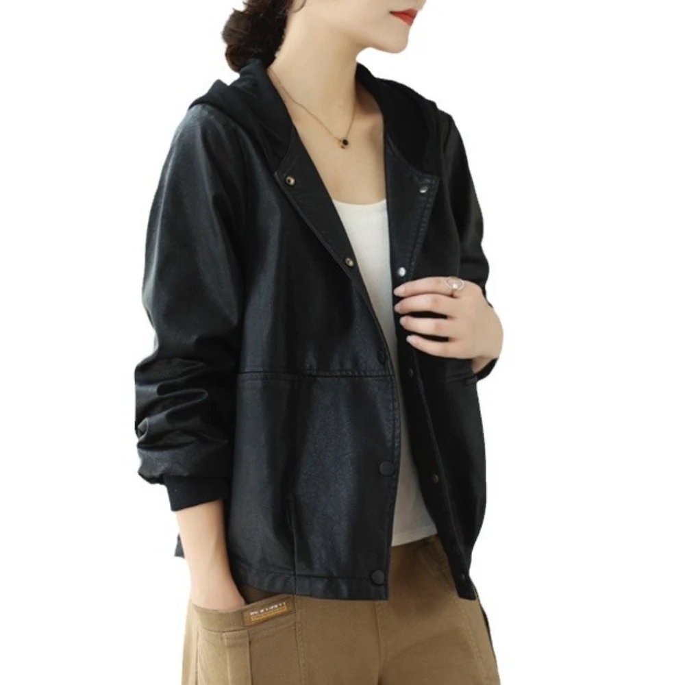 Новое осеннее кожаное пальто с капюшоном женское свободное повседневное пуловер