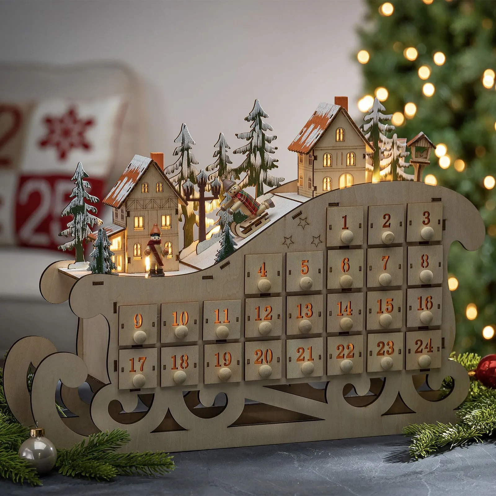 

Рождественское украшение, рождественское настольное украшение, деревянный 24-дневный обратный отсчет, Рождественский календарь, сани, календарь, деревянный светодиодный Рождественский