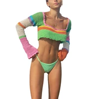 women summer crop tops splicing crochet square neck long sleeves knitted t shirt tops 2021 streetwear for girls green