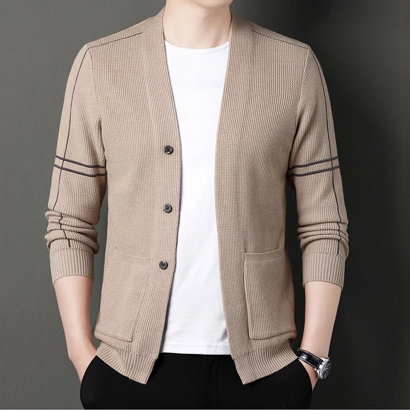 

Luxury Brand Men's Knit Cardigan Trend Products V-Neck Striped Quality Pockets Fashion Casual Slim New Sweater Black Autumn 2022