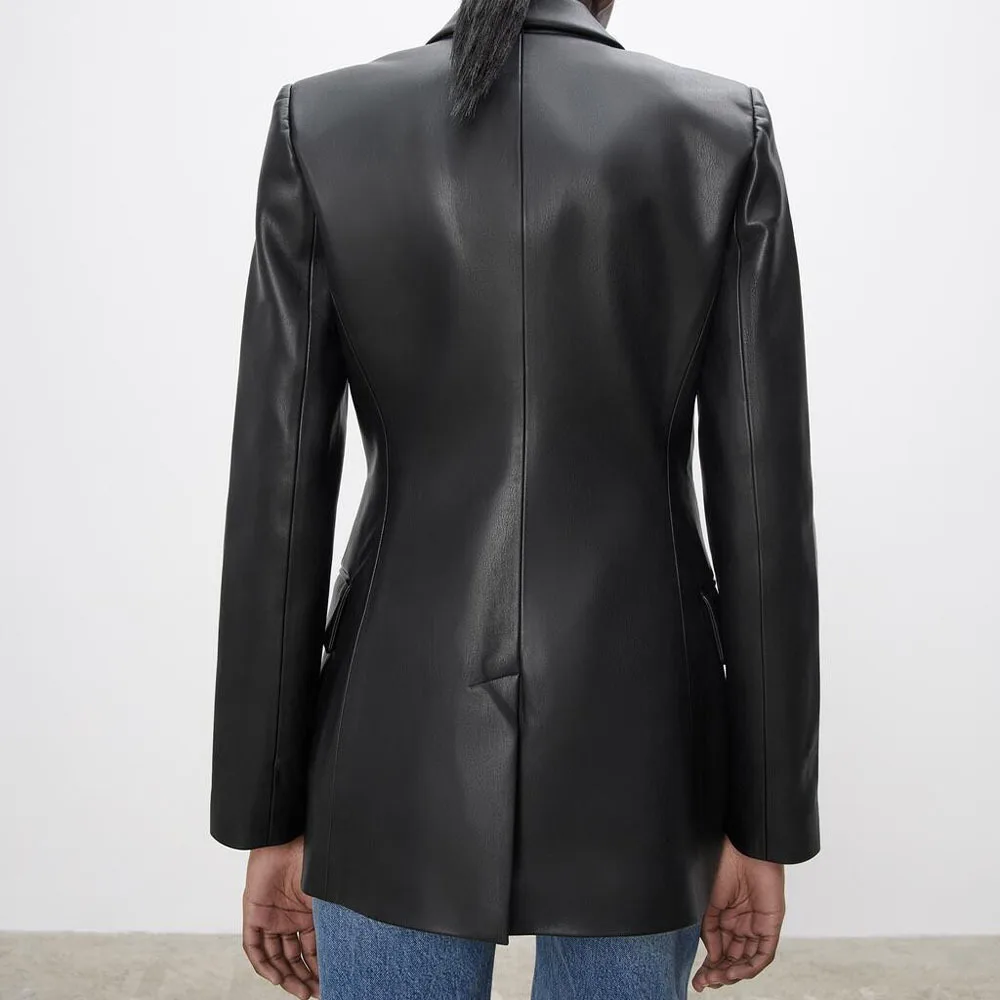 2021 Autumn and Winter Hot Sale New Women's Imitation Leather Slim Back Split Black Blazer Pu Jacket Button Mid-length Women