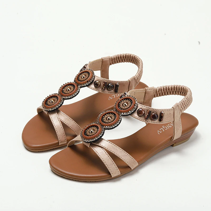 

Босоножки женские в богемном стиле, сандалии на плоской подошве с украшением из бисера, Повседневная Уличная спортивная обувь на низком каб...