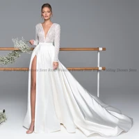 retro a line wedding dresses satin draped v neck high slit applique 2022 summer print exquisite floor length gowns robe de ma