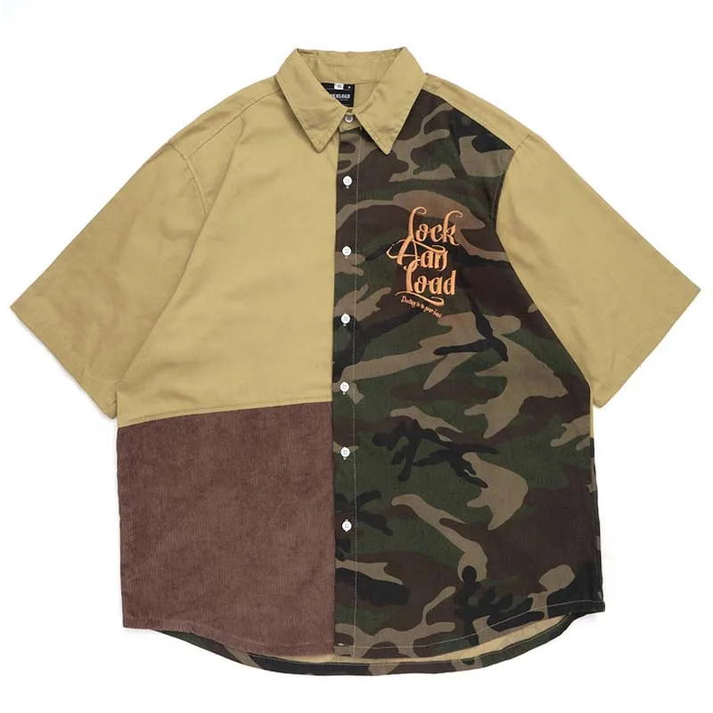 

22SS Unisex Harajuku Camouflage Patchwork Turn-Down Collar Women blouse Tropica Tops Mens Oversize Hawaii Short Sleeve Shirts
