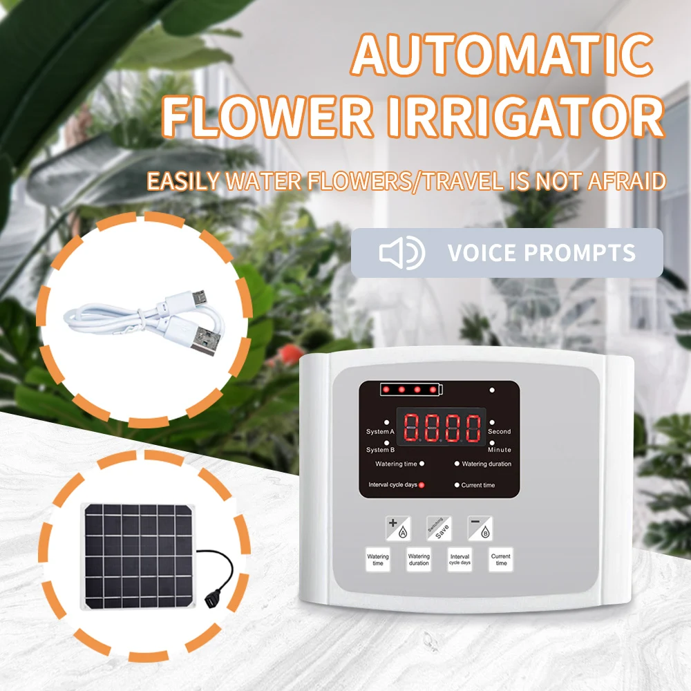 Garden Drip Irrigation Device 1/2 Pump Controller Timer System Solar Energy Charging Plant Intelligent Automatic Watering Device