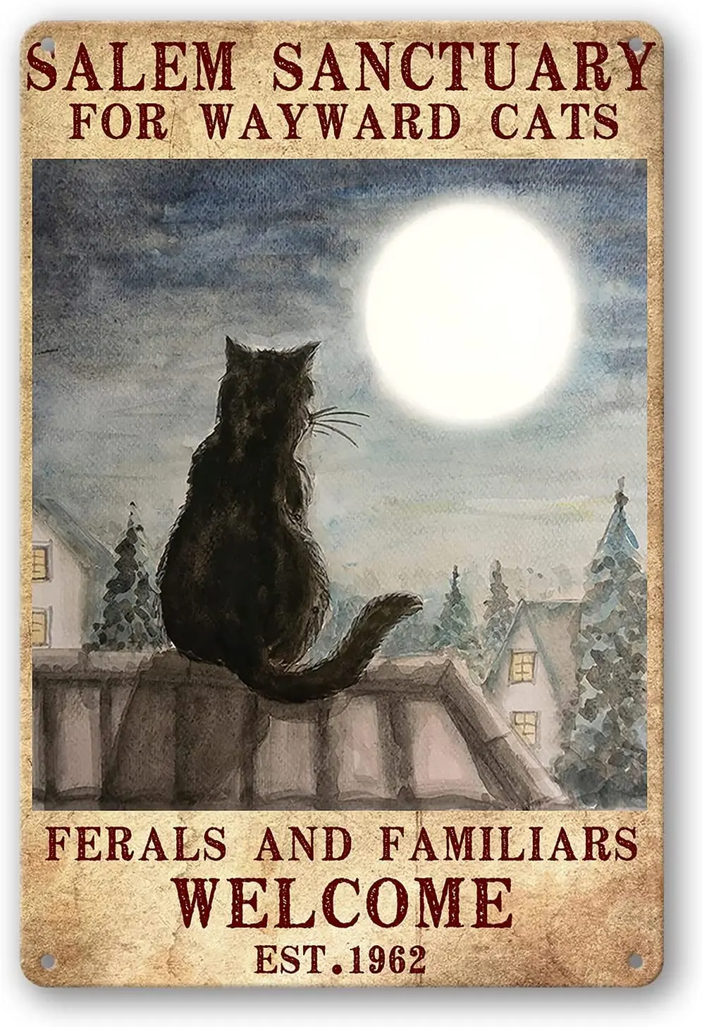 

Salem Sanctuary For Wayward Cats Ferals And Familiars Welcome Sign Metal Tin Signs, Vintage Black Cat Art Poster Plaque