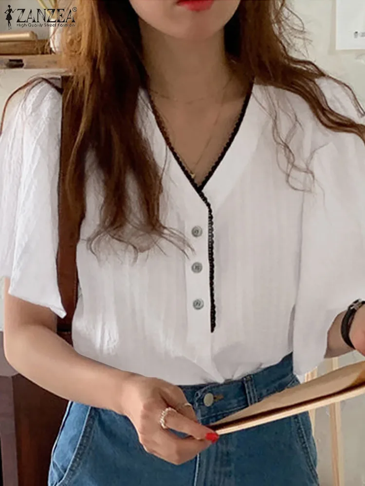 

Oversized 2022 Summer Floral Sleeve Tops Tees ZANZEA Fashion Women Blouse Casual Female Solid Button Up V Neck Blusas Femininas