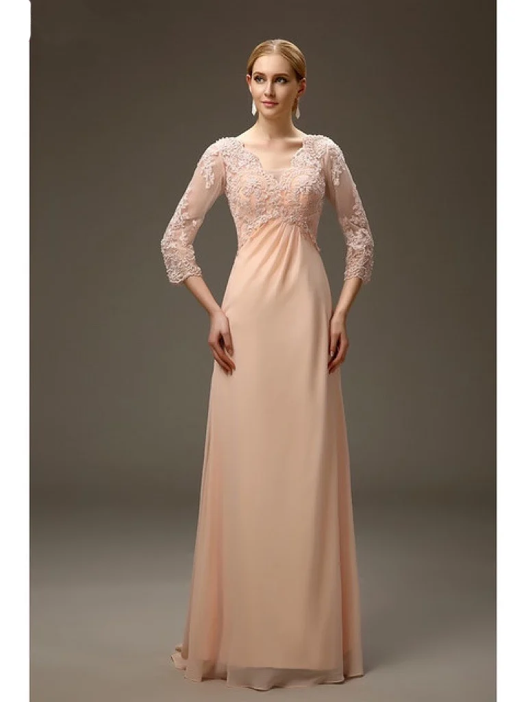 

Light Pink Mother Of The Bride Dresses A-line V-neck 3/4 Sleeve Chiffon Lace Backless Zipper Elegant Evening Prom Dresses New
