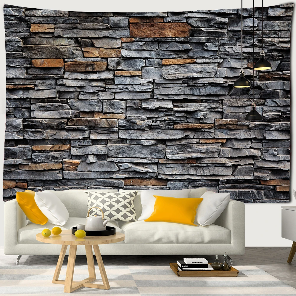 Tapiz de pared de ladrillo de roca gris de piedra Vintage, decoración del hogar Hippie Boho, tapices de tela de pared europeos, papel tapiz Medieval, colcha