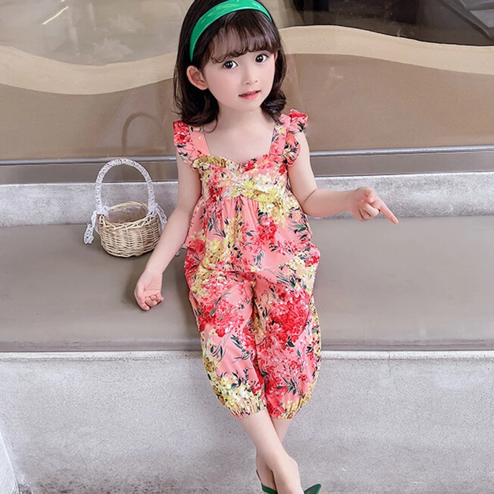 

Корейский новый летний цветочный костюм из майки и брюк, комплект из 2 предметов, повседневный костюм для девочек, детская одежда с цветами, ...