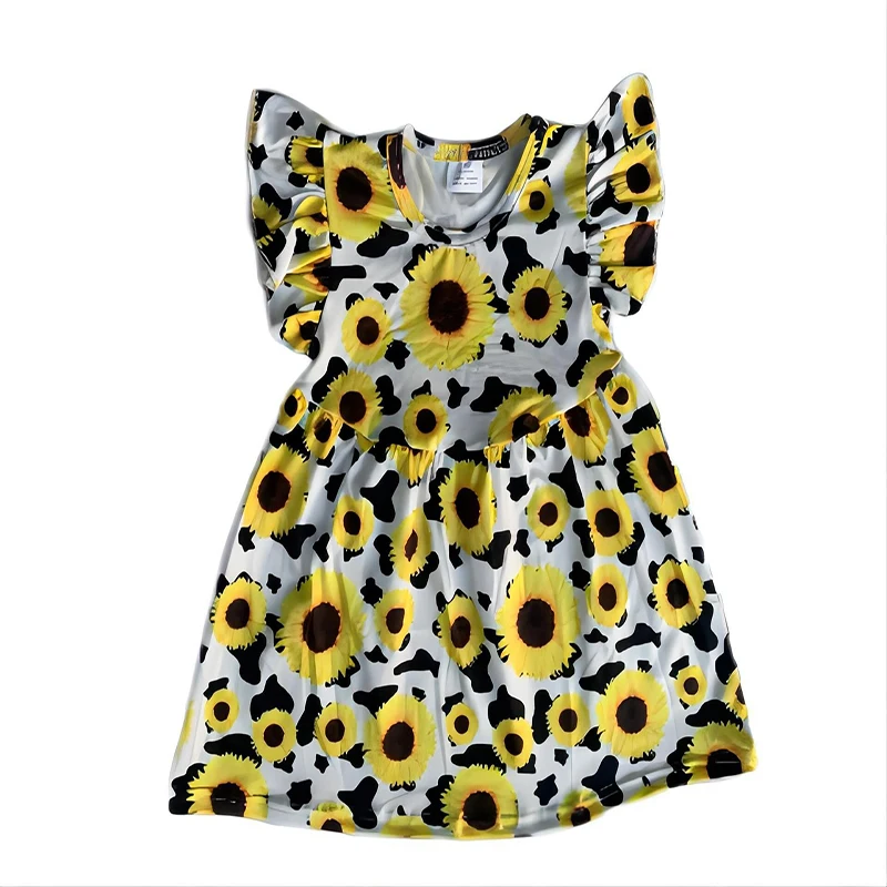 

Fresh Kids Skirt Sunflowers Printing Crew Neck Flutter Sleeves Girls Party Dress