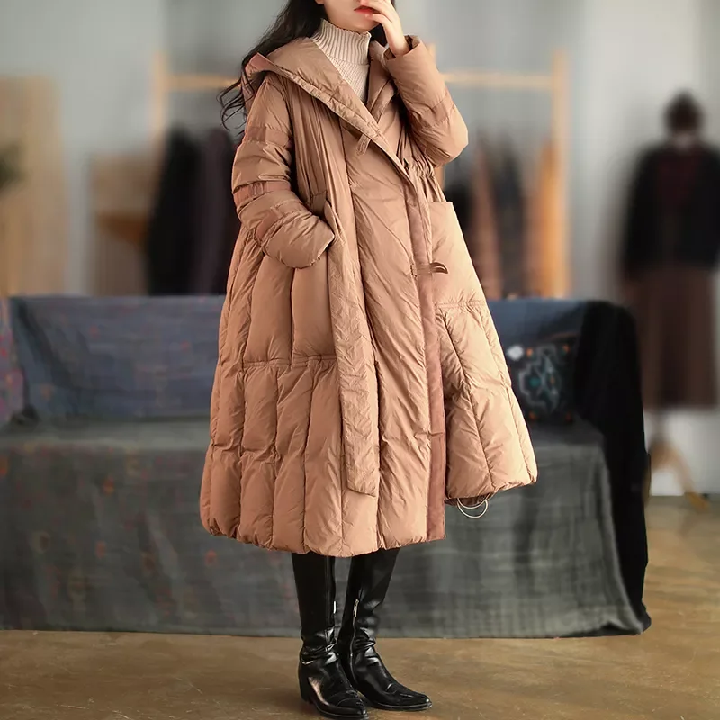 New2022 Winter Women Loose Thick Warm Hooded 90% White Duck Down Long Coat with Belt Vintage Female Snow Down Jacket Outwear
