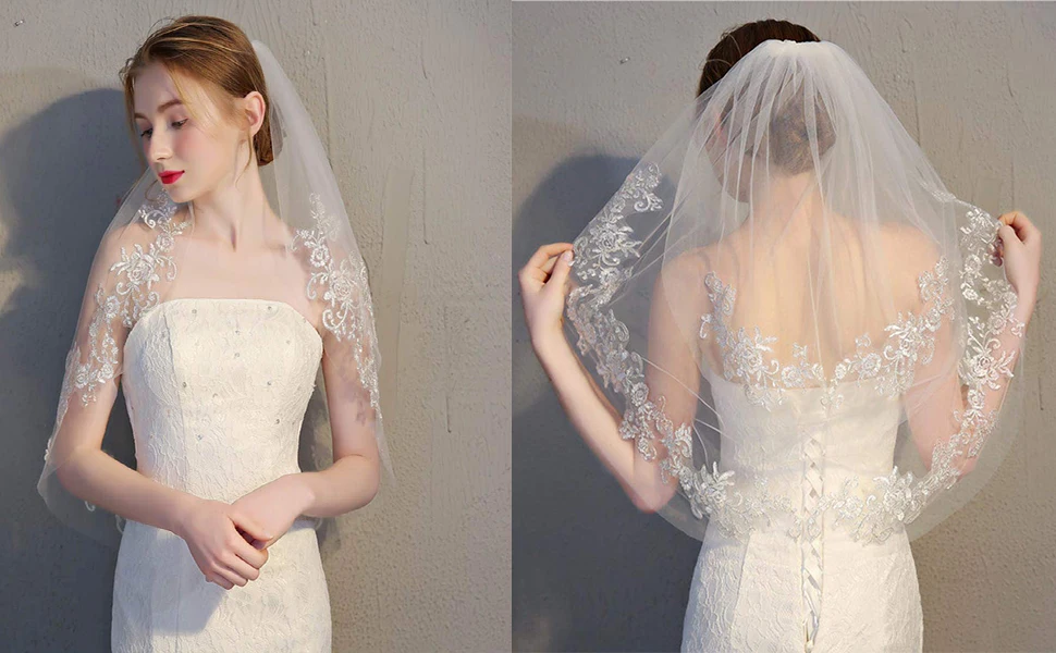 

Women's White Lace Short Wedding Bridal Veil With Comb 2 Tier 2023