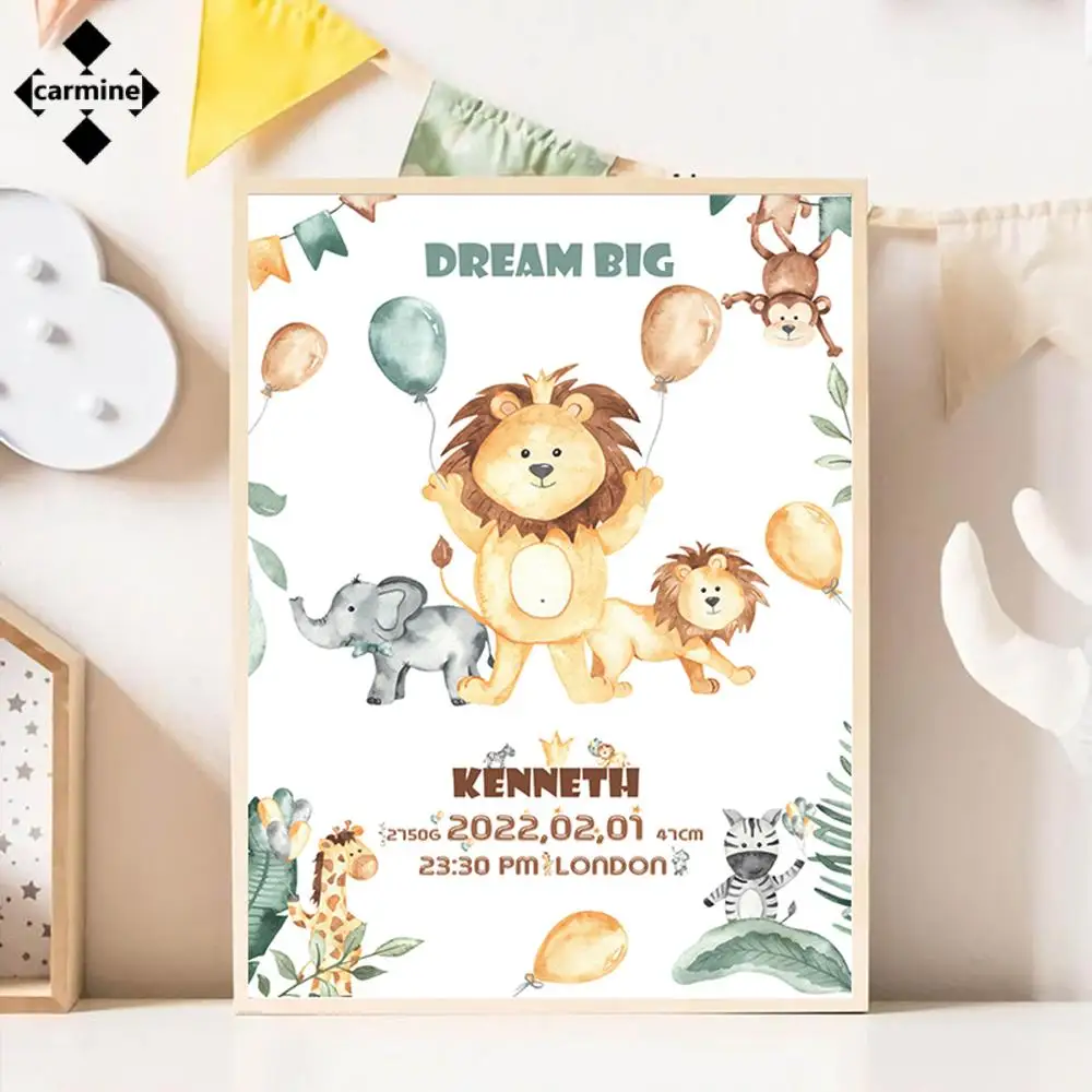 

Personalized Baby Birth Canvas Painting Nursery Wall Art Print Custom Cartoon Animal Posters and Prints for Baby Room Home Decor