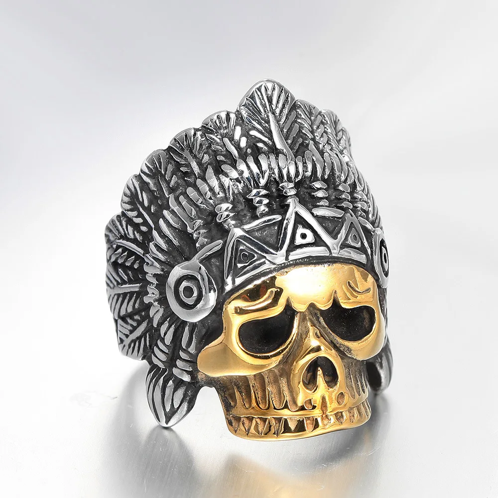 

Punk Indian Feather Skeleton Men Stainless Steel Ring Vintage Gothic Gold Color Party Promise Finger Rings Luxury Jewelry