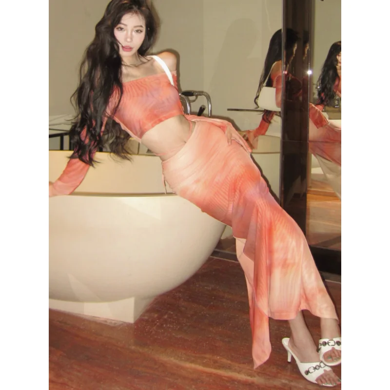 

Винтажный Корейский ретро-стиль, оранжевая Сетчатая футболка и длинный серебристый костюм со шнуровкой, комплекты из 2 предметов, Y2k костюм