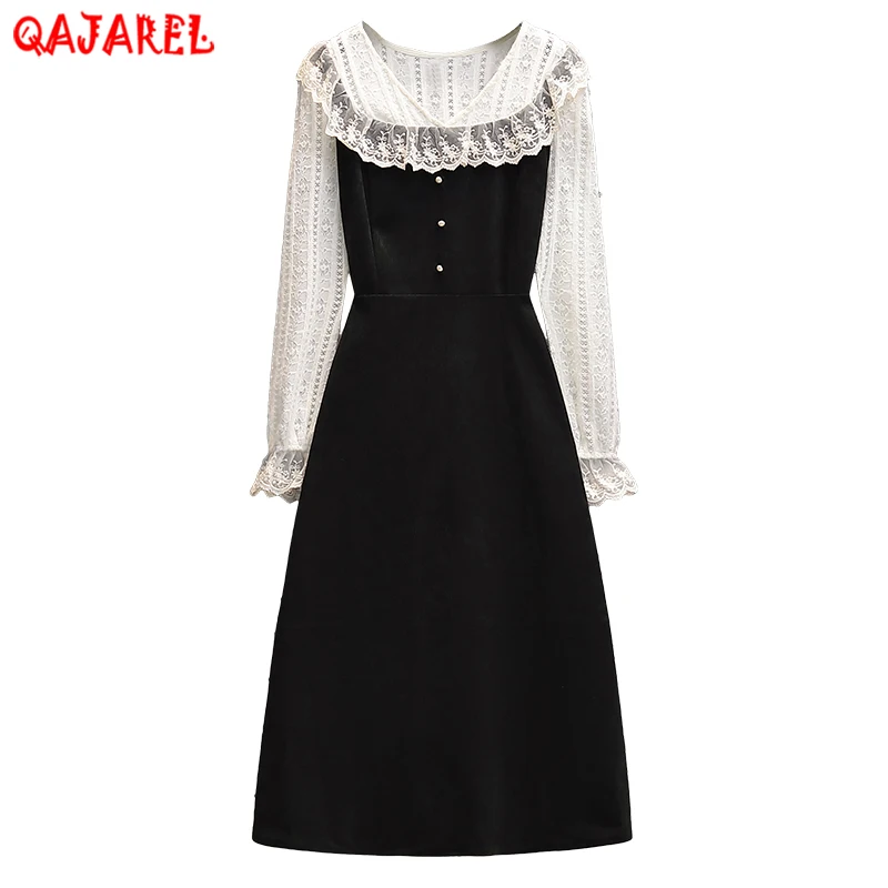 

Spring Autumn Black Patchwork Lace Hollow Out Sexy Midi Dress Women Korean Vintage Hepburn Dress 2022 Long Sleeve Elegant Dress