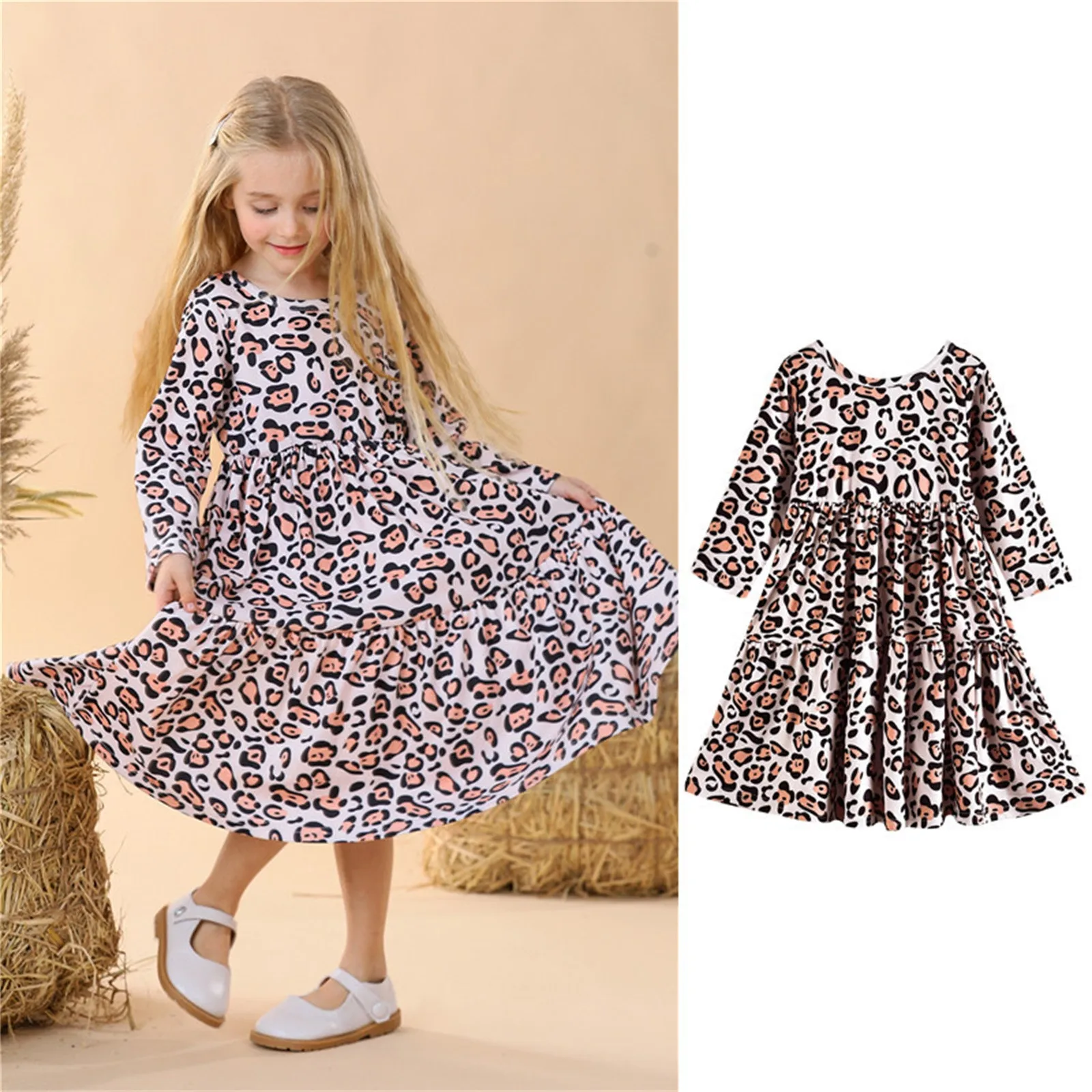 

Babys Kids Toddler Girls Dresses Leopard Print Spring Fall Long Sleeve Dresses Princess Dress Clothes For Kids Girls 1-6 Years