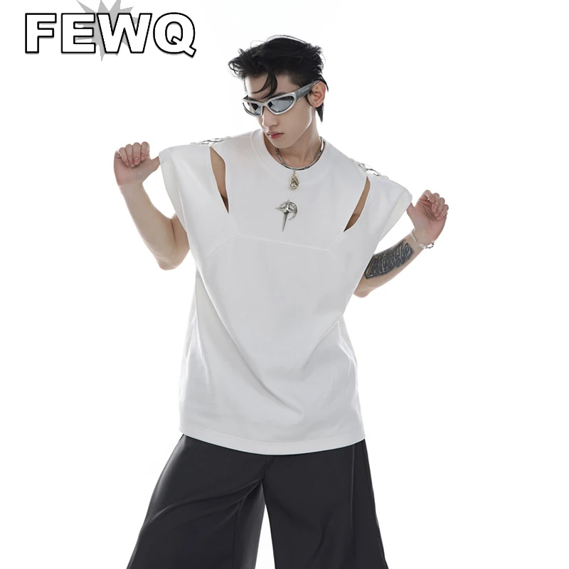 

FEWQ Niche Design Men's Vest New Fashion Threedimensional Metal Design Split Snap Sleeveless T-shirt Loose Solid Color Top A7880