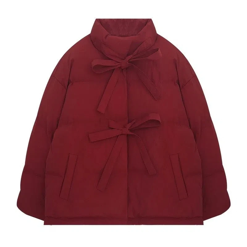 Kawaii Winter Puffer Jacket Women 2022 Elegant Sweet Japanese Thickened Bow Bread Lace Up Padded Jacket For Woman