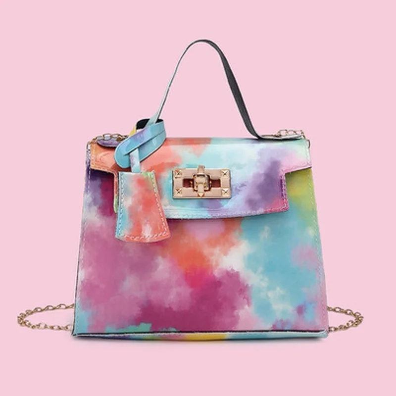 

Square Gradient Color Rainbow Bag Fashion Chain Single Shoulder Bag Handbag Printed Leather Bag