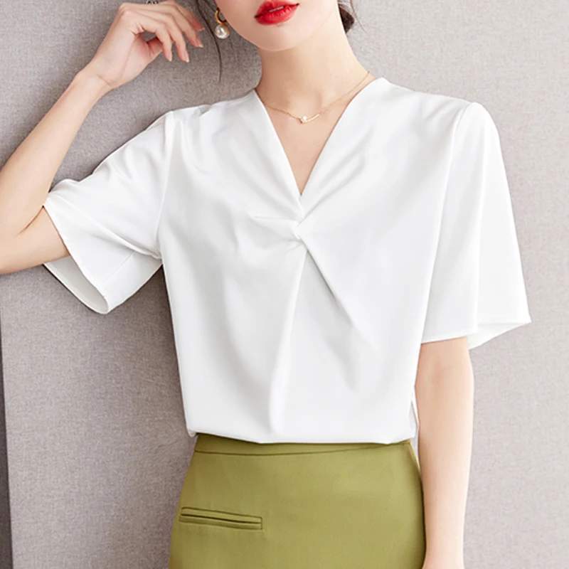 

Summer Women's Short Sleeved V-neck Flared Sleeve Solid Color Professional Commuting Pleated Chiffon Shirt Blusas Mujer C926