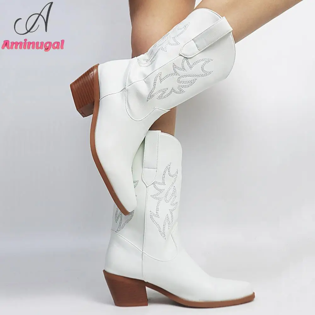 Cowboy White Western Sewing Floral Mid-calf Boots For Women 2023 Spring Summer Pointed Toe Chunky Heels Cool Cowgirl Boots Shoes