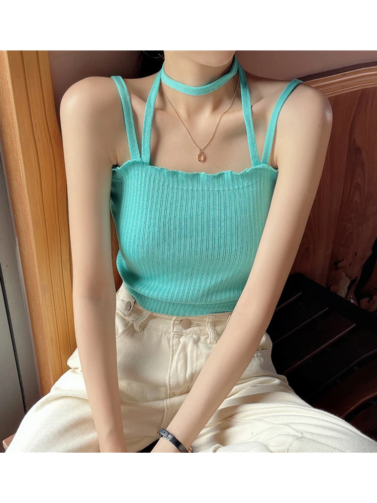 HELIAR Женские топы с лямкой на шее трикотажные укороченные топы летние бандажные уличные Топы и майки для женщин топы 2022 лето HELIAR Женские топы с лямкой на шее трикотажные укороченные топы летние бандажные уличные Топы и майки для женщин топы 2022 лето