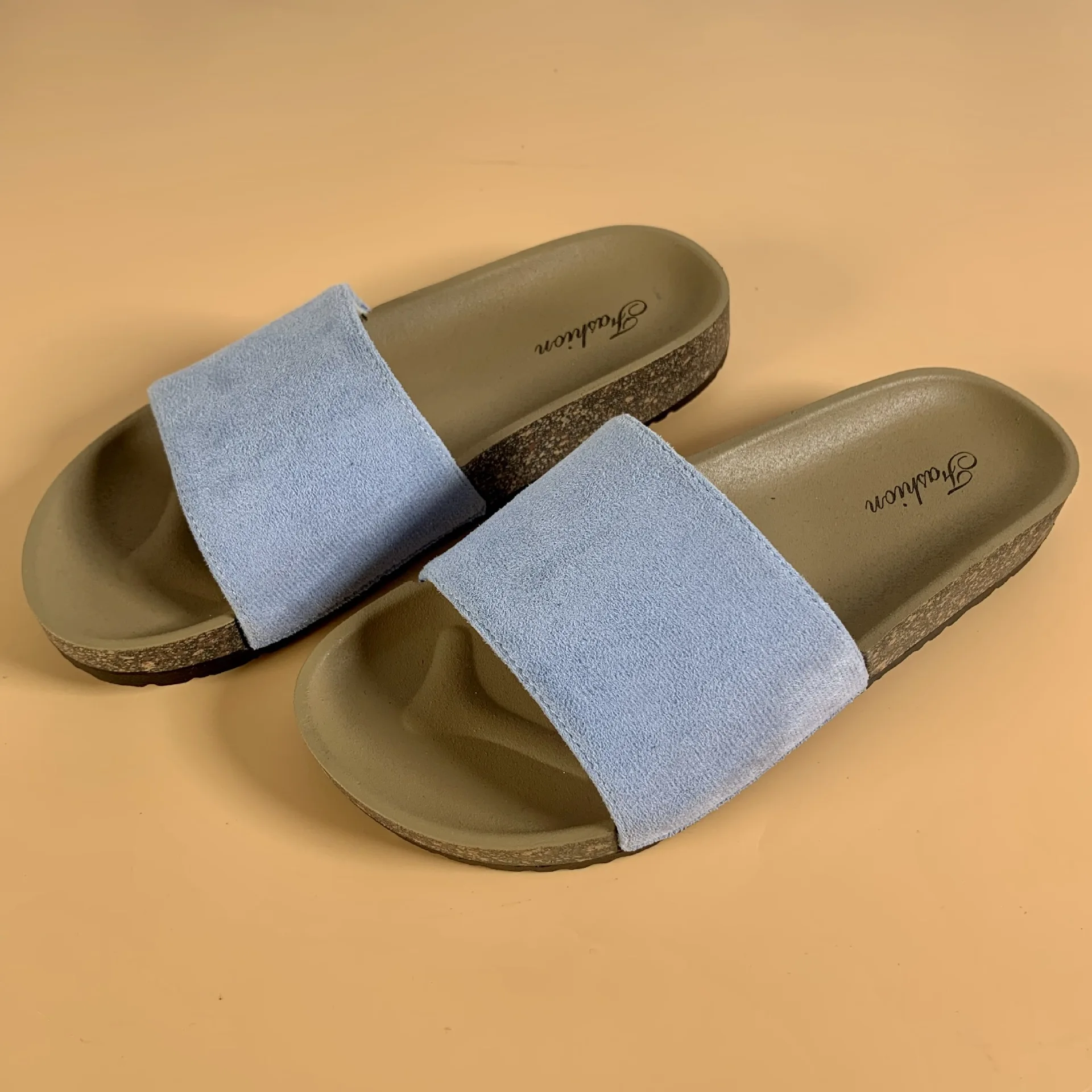 

New Fashion Cork Slippers Women Outdoor Beach Shoes Lady Flat Comfortable Bathroom Non Slip Slides Female Open Toe Sandals Blue