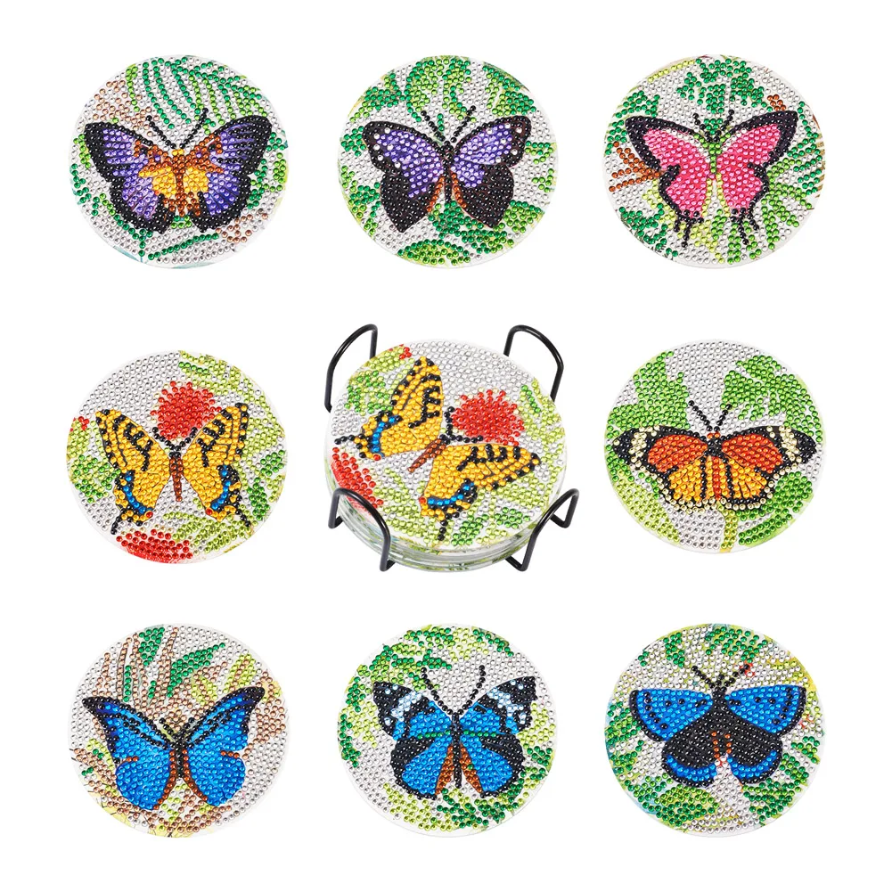 5D Butterfly Gnome Pattern DIY Resin Rhinestone Glue Clay Painting Cup Mat Kit with Coaster Holder Diamond Sticky Pen Tray Plate