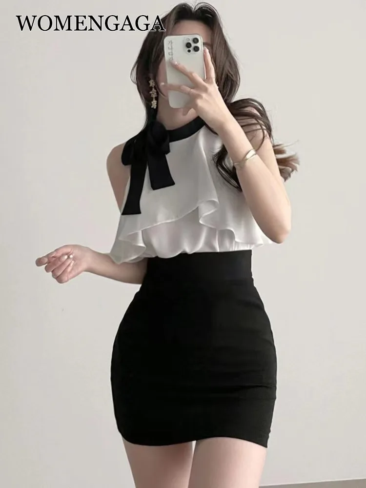 

WOMENGAGA Korea Lace Up Bow Ruffle Chiffon Top Sleeveless Shirt Off Shoulder OL Elegant 2022 Blouse Hot Sexy Sweet 66YH