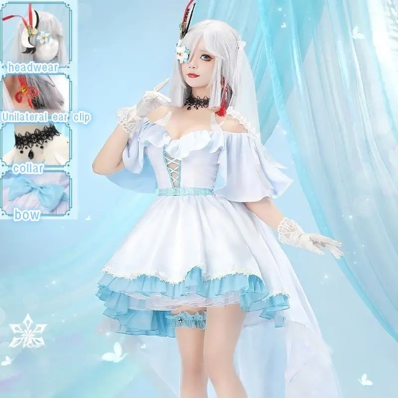 

In Stock Cosplay Game Genshin Impact Shenhe Cosplay Dokidoki-r White Dress Cute Wedding Dress Shen He Doujin Cosplay Costume