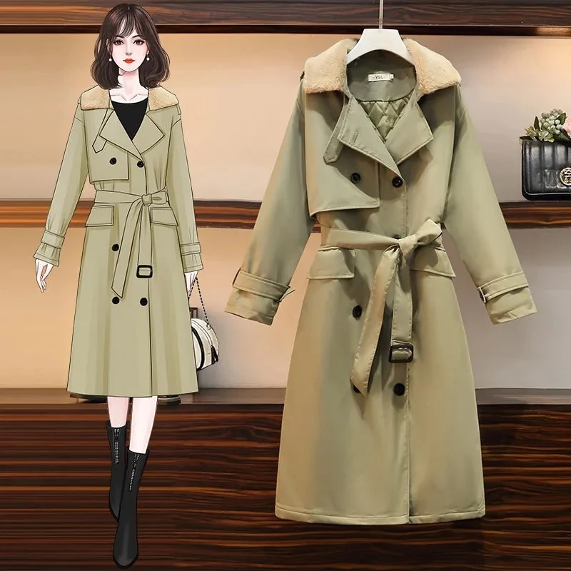 

Женский двубортный тренчкот средней длины, бордовый тренчкот с поясом, зимняя теплая ветрозащитная куртка с хлопковой подкладкой, 2022