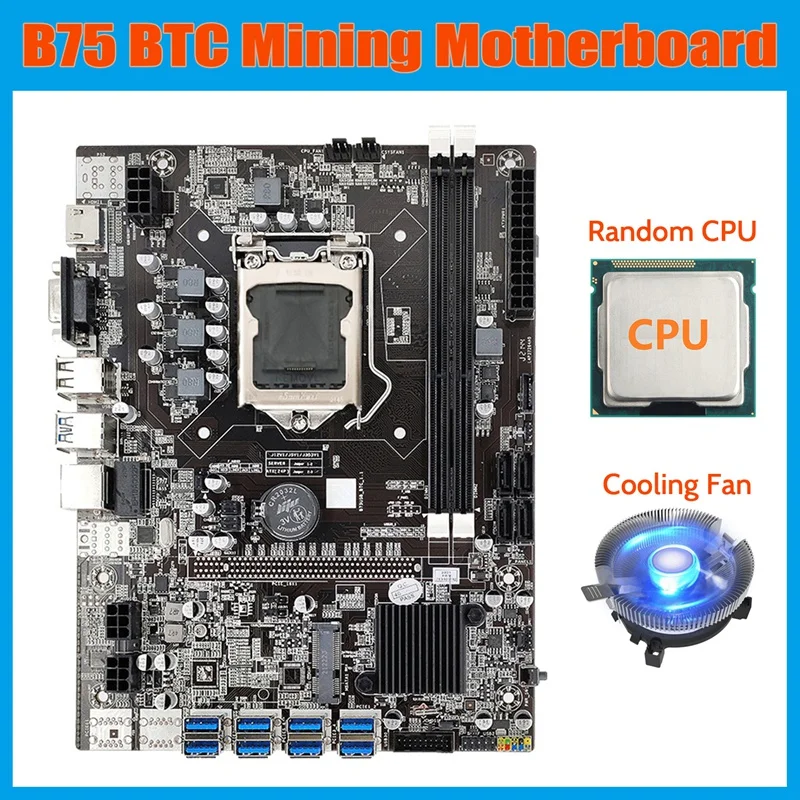 

B75 BTC Mining Motherboard+Random CPU+Cooling Fan LGA1155 8XPCIE USB Adapter DDR3 MSATA B75 USB Miner Motherboard