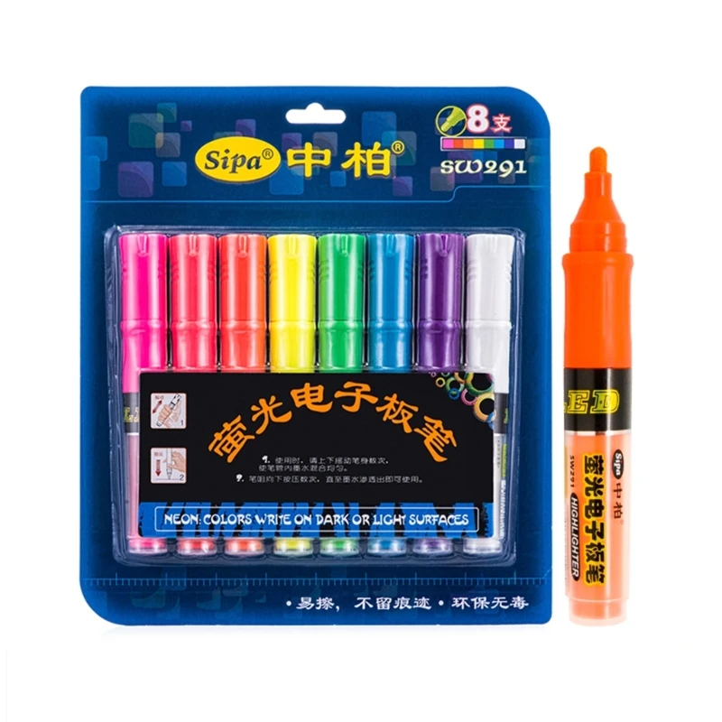 

LED Highlighter Fluorescent Marker Pen Liquid Chalk Erasable For Whiteboard Advertisement Chalkboard Art Painting 8Color E65C