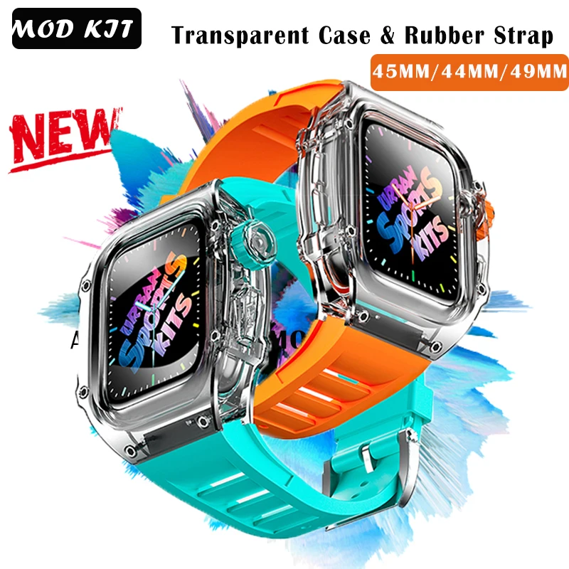 

Transparent Glacier Mod Kit For Apple Watch Ultra Series 8 7 6 5 4 SE 45mm 44mm 49mm Case Band iWatch Refit Rubber Sport Strap