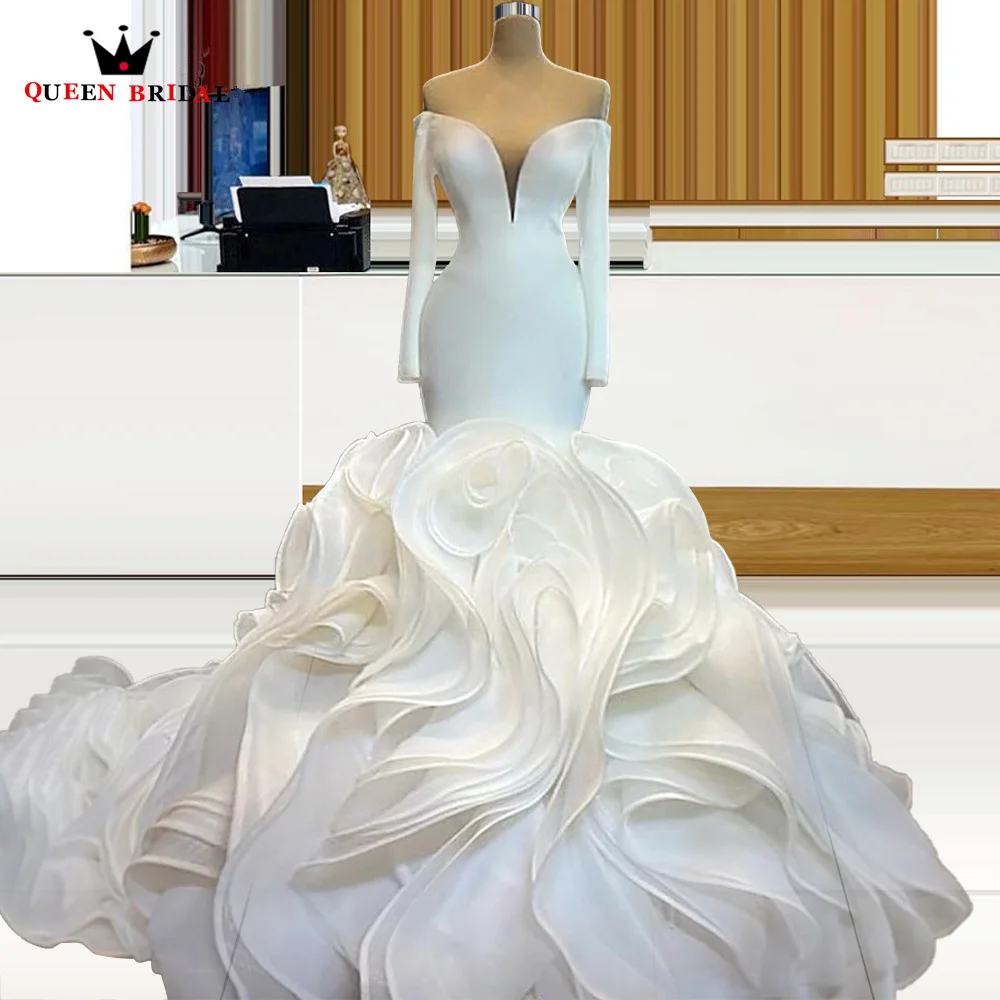 Romantic Mermaid Wedding Dresses Ruffle Train Long Sleeve V-neck Sexy Formal Bride Dress Wedding Gowns Custom Made JY07