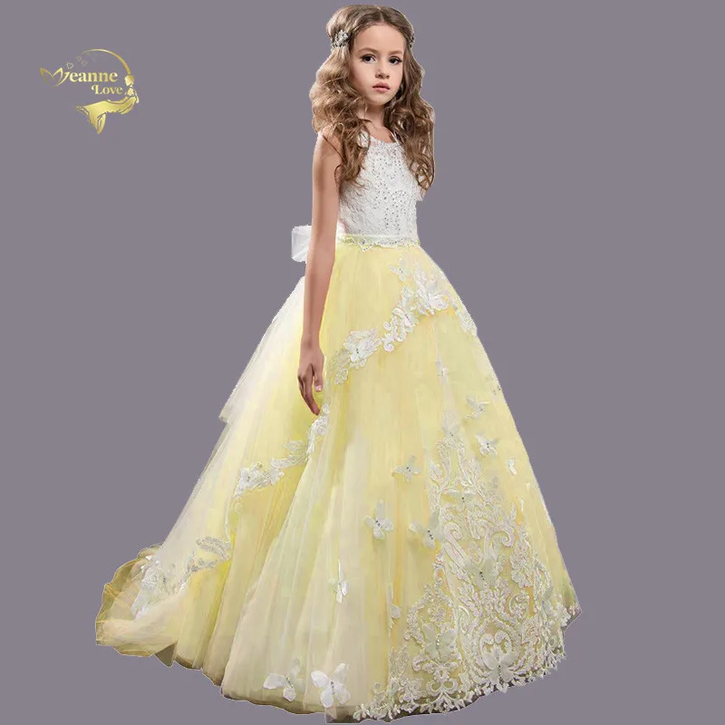

Lavender Children's Bridal Dress Yellow Pink Lace 3D Floral Appliques Birthday Girl Tulle Tutu Ball Gown First Communion Gowns