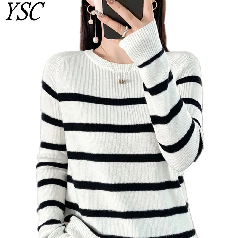 

YSC 2023 новые женские вязаные кашемировые шерстяные свитера с круглым вырезом в черно-белую полоску высокого качества теплый пуловер
