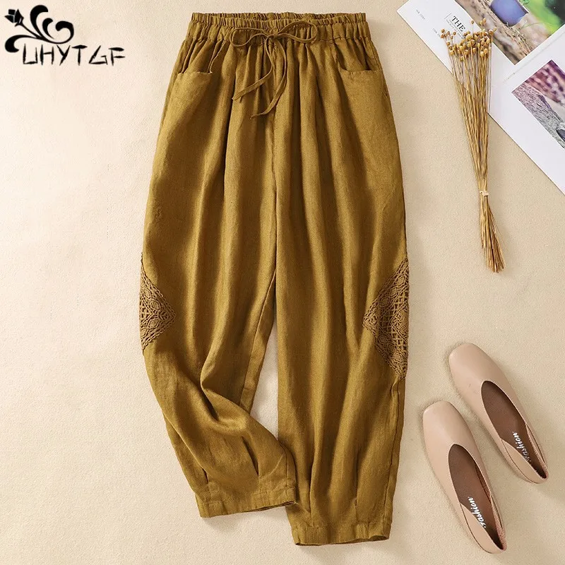 

UHYTGF Cotton Linen Haren Pants Women Summer New Hook Flower Elastic Waist Pocket Loose Casual Ladies Seven Point Pants Bloomers