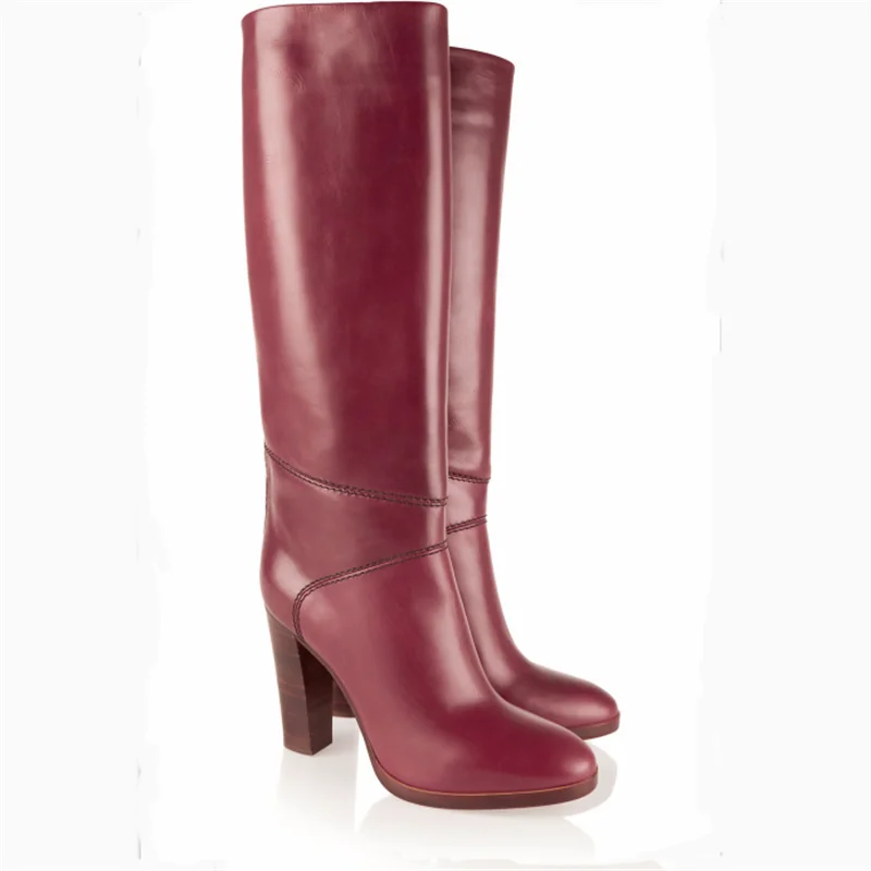

Round Toe rider Botas Shoes For Women Zapatos Mujer Sewing Femininas Knee Boots Chunky High Heel Leather Boots Chaussure Femme