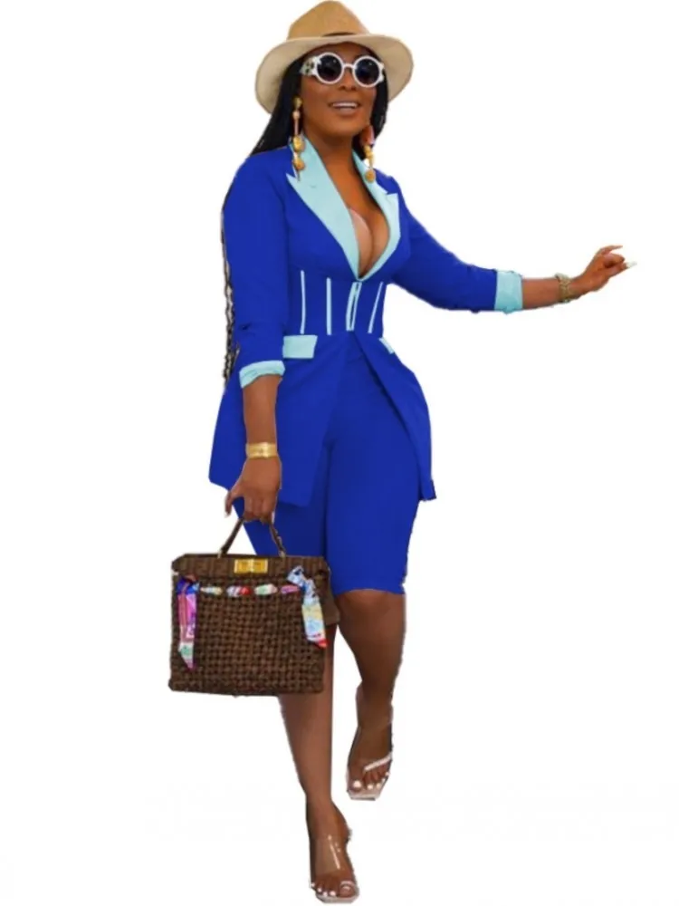 

African Clothes Women 2 Piece Set Long Tops Knee Length Shorts Suit Autumn Fashion Splice Streetwear Office Lady African Outfits